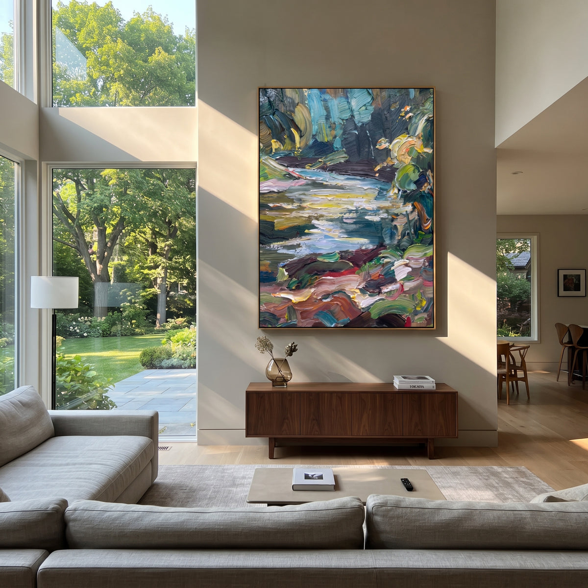 Forest Stream in Motion vertical painting displayed as a room focal point