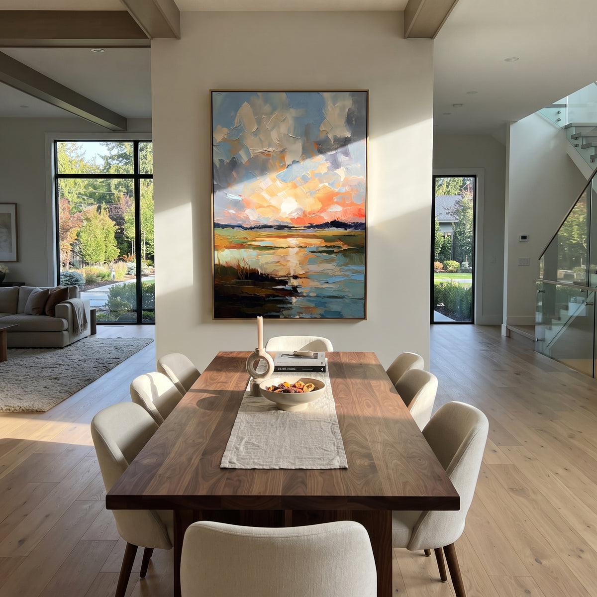 Last Light Across Water sunset river landscape painting displayed in a styled interior