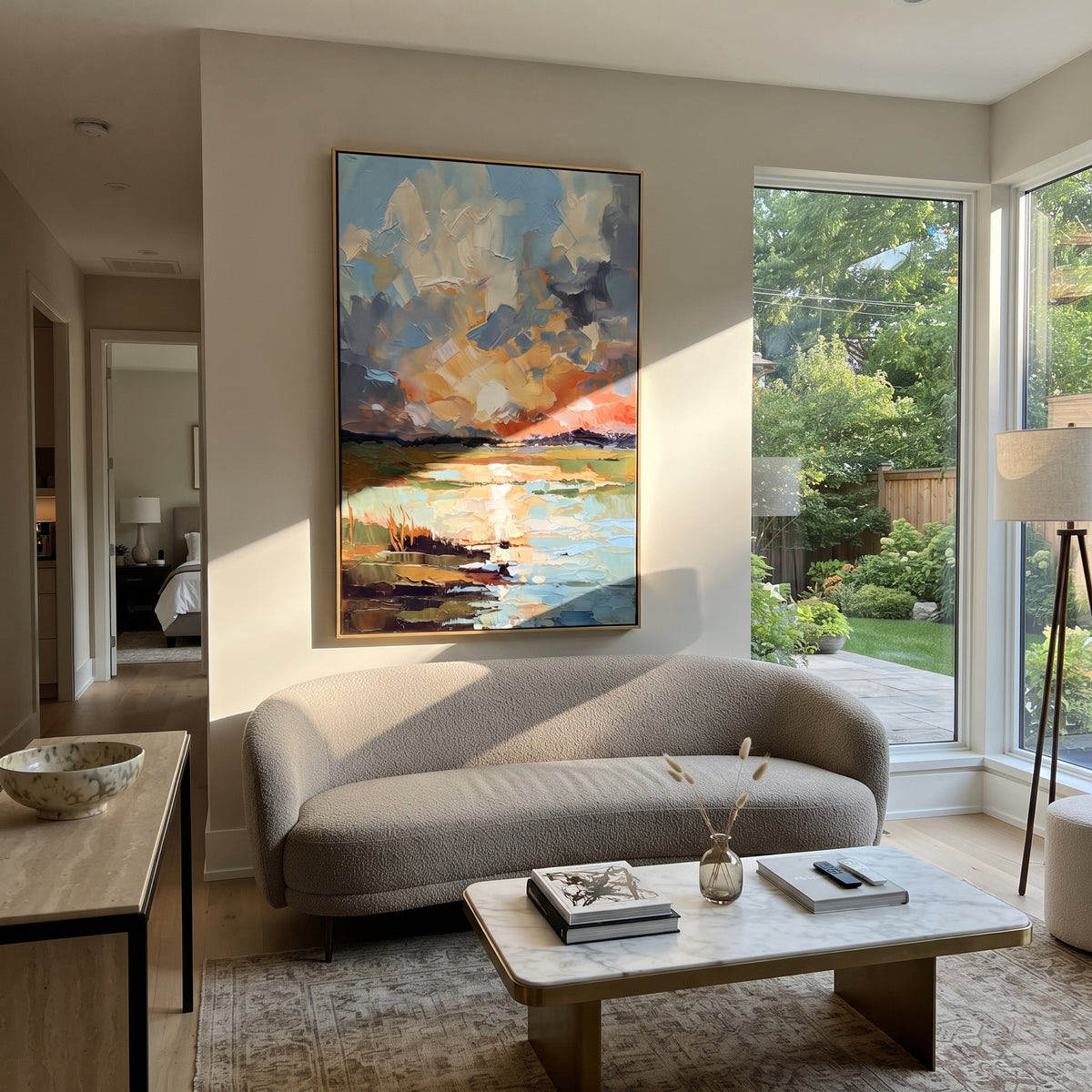 Last Light Across Water textured wall art shown in a contemporary room setting