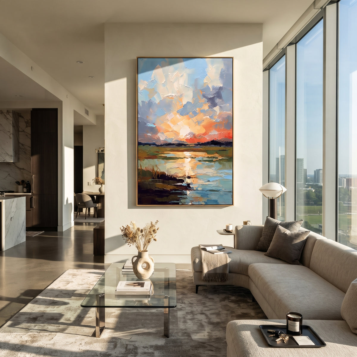 Last Light Across Water artwork shown with modern interior materials