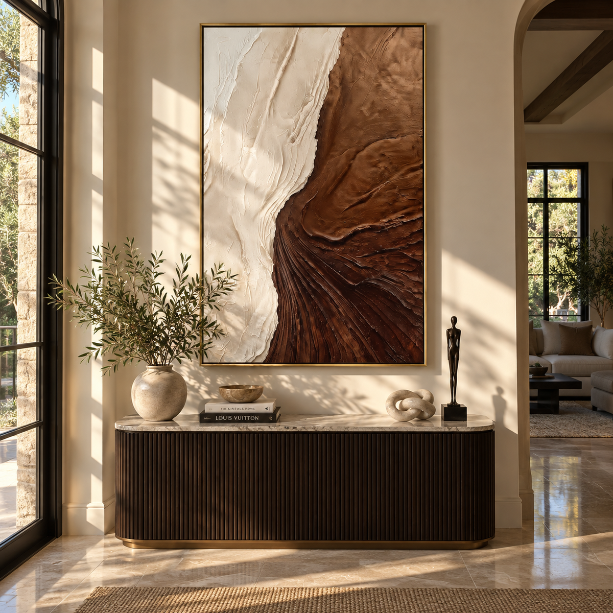 Earth Opens Into Ivory brown ivory organic relief painting displayed in a styled interior
