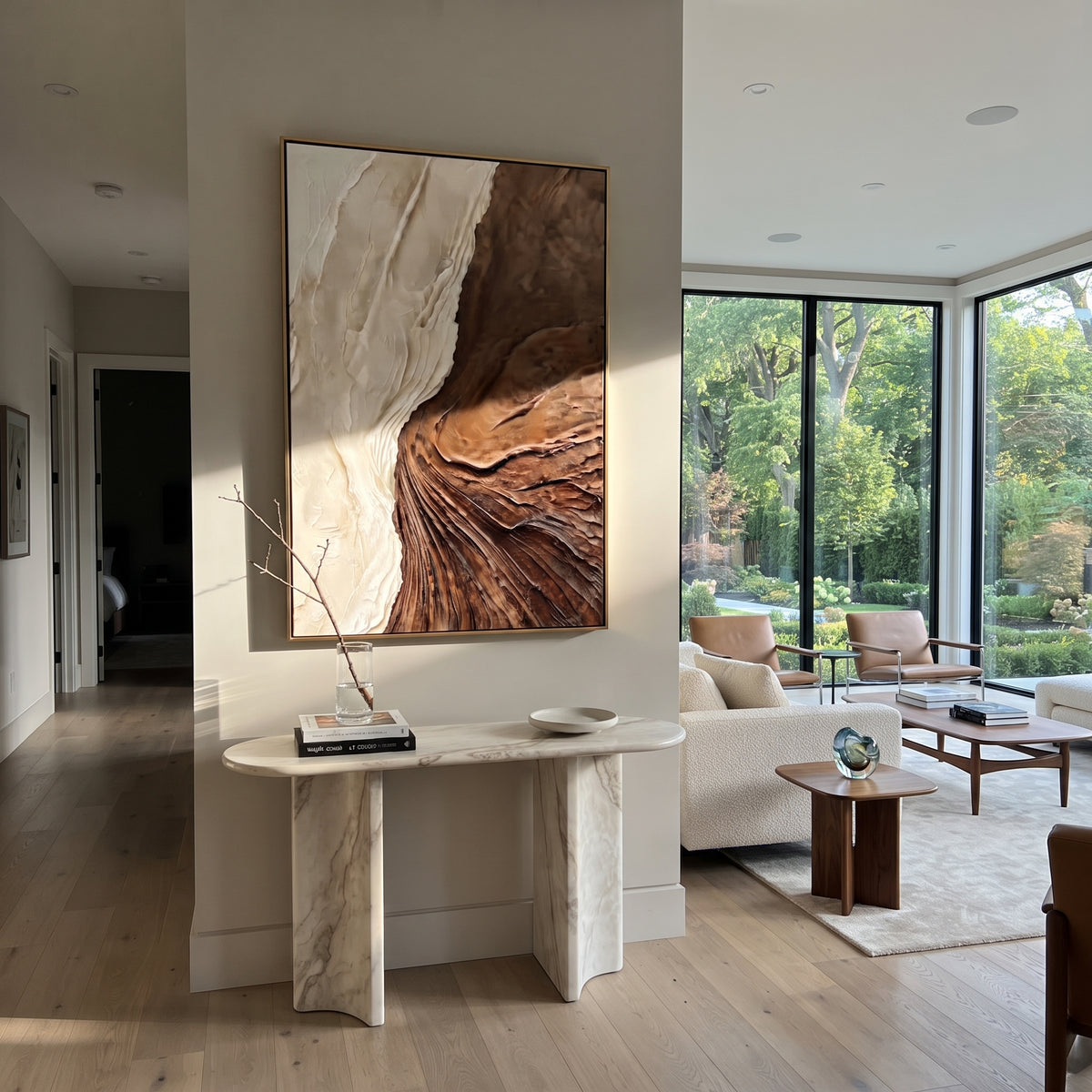 Earth Opens Into Ivory textured wall art shown in a contemporary room setting