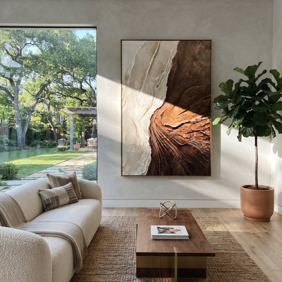 Earth Opens Into Ivory vertical painting displayed as a room focal point