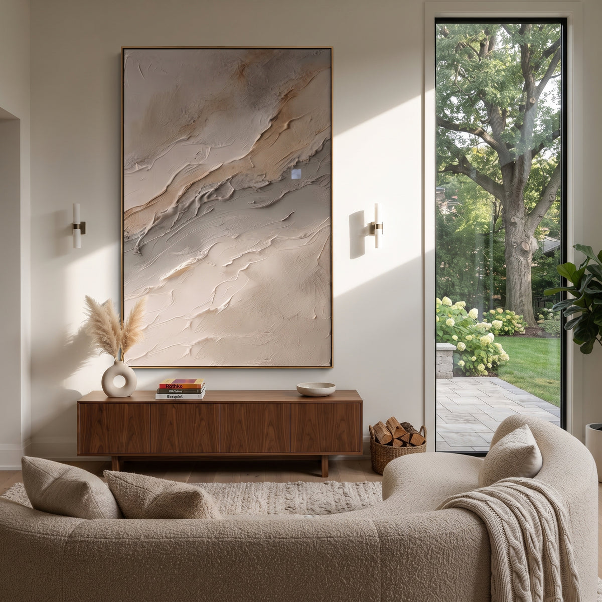 Pale Ridges Rise ivory beige minimalist relief painting displayed in a styled interior