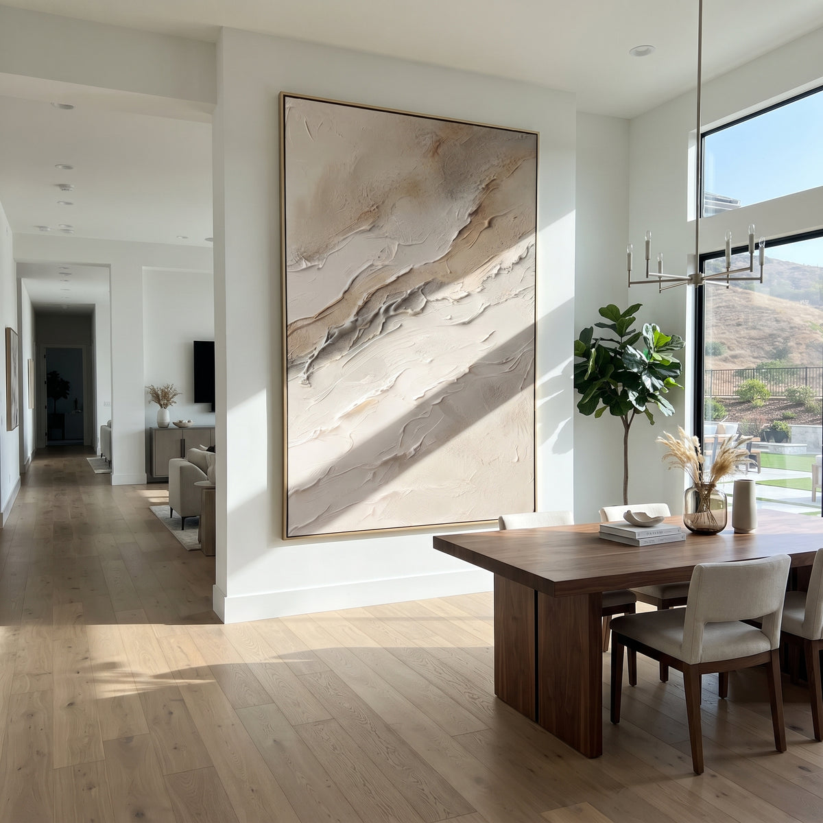 Pale Ridges Rise vertical painting displayed as a room focal point