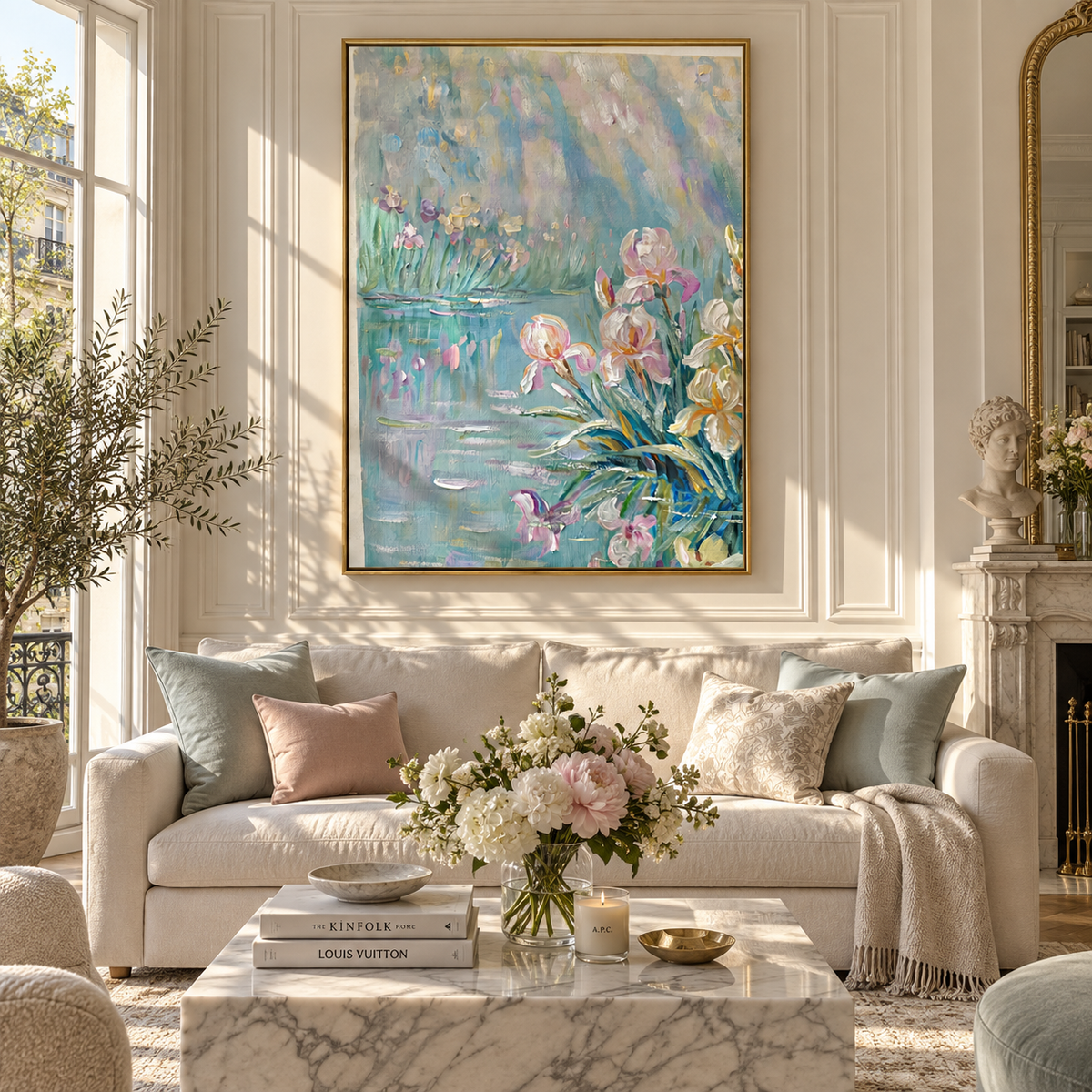 Irises at First Light pastel iris pond painting displayed in a styled interior