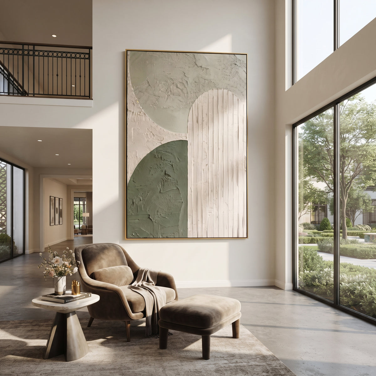 Arches in Sage vertical painting displayed as a room focal point