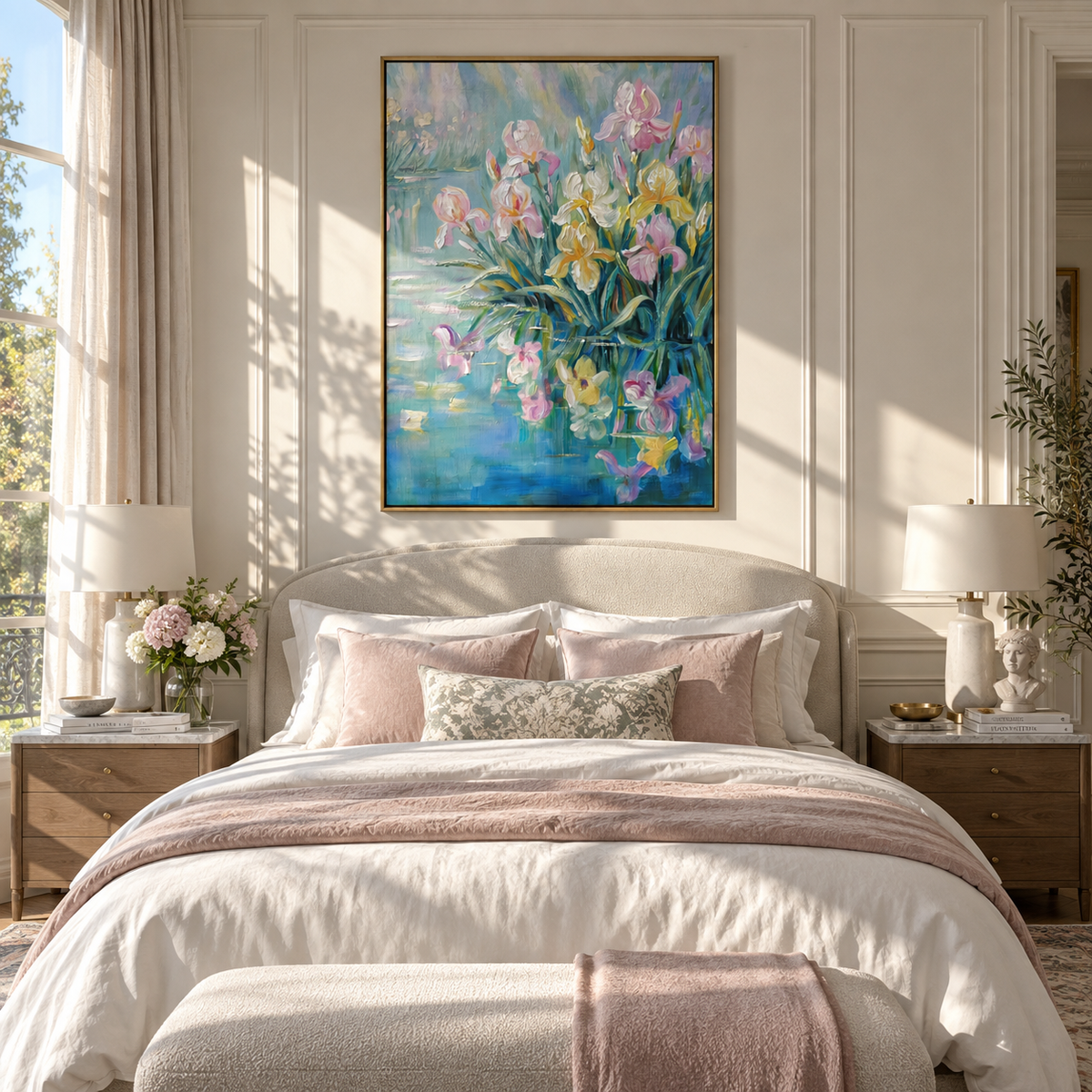 Iris Garden Awakens pink purple iris painting displayed in a styled interior