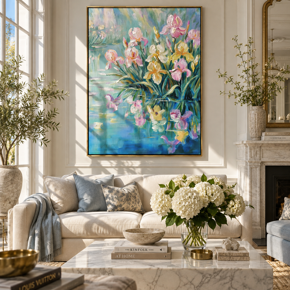Iris Garden Awakens textured wall art shown in a contemporary room setting