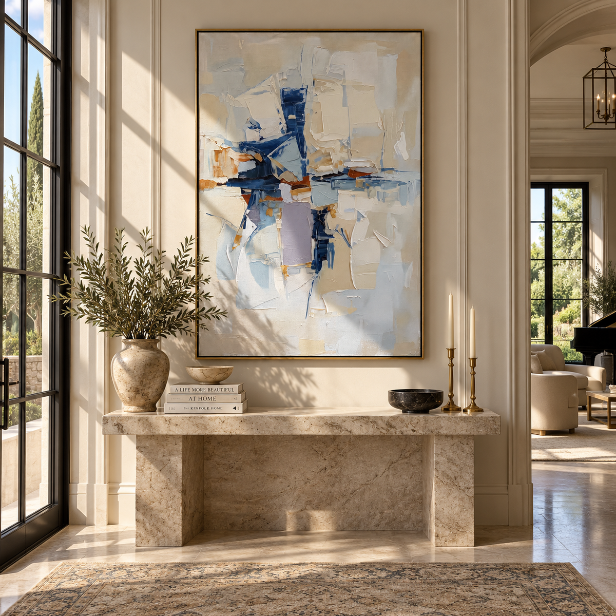 Blue Structure Breaking blue white geometric abstract painting displayed in a styled interior