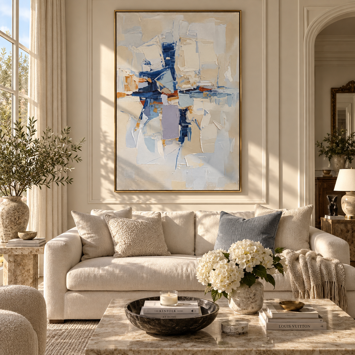 Blue Structure Breaking textured wall art shown in a contemporary room setting