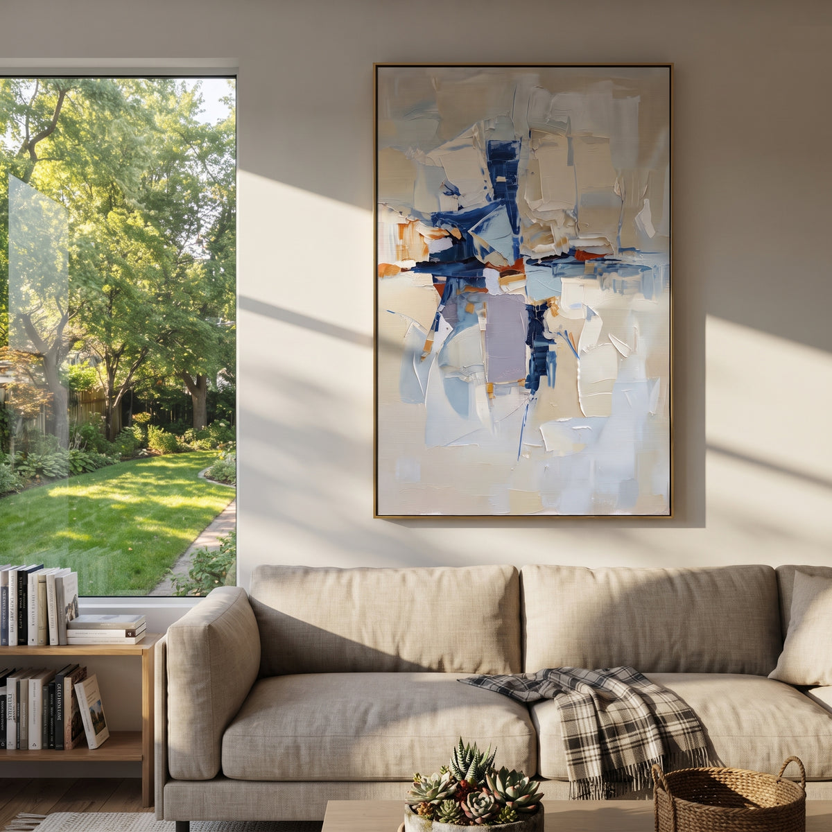 Blue Structure Breaking vertical painting displayed as a room focal point