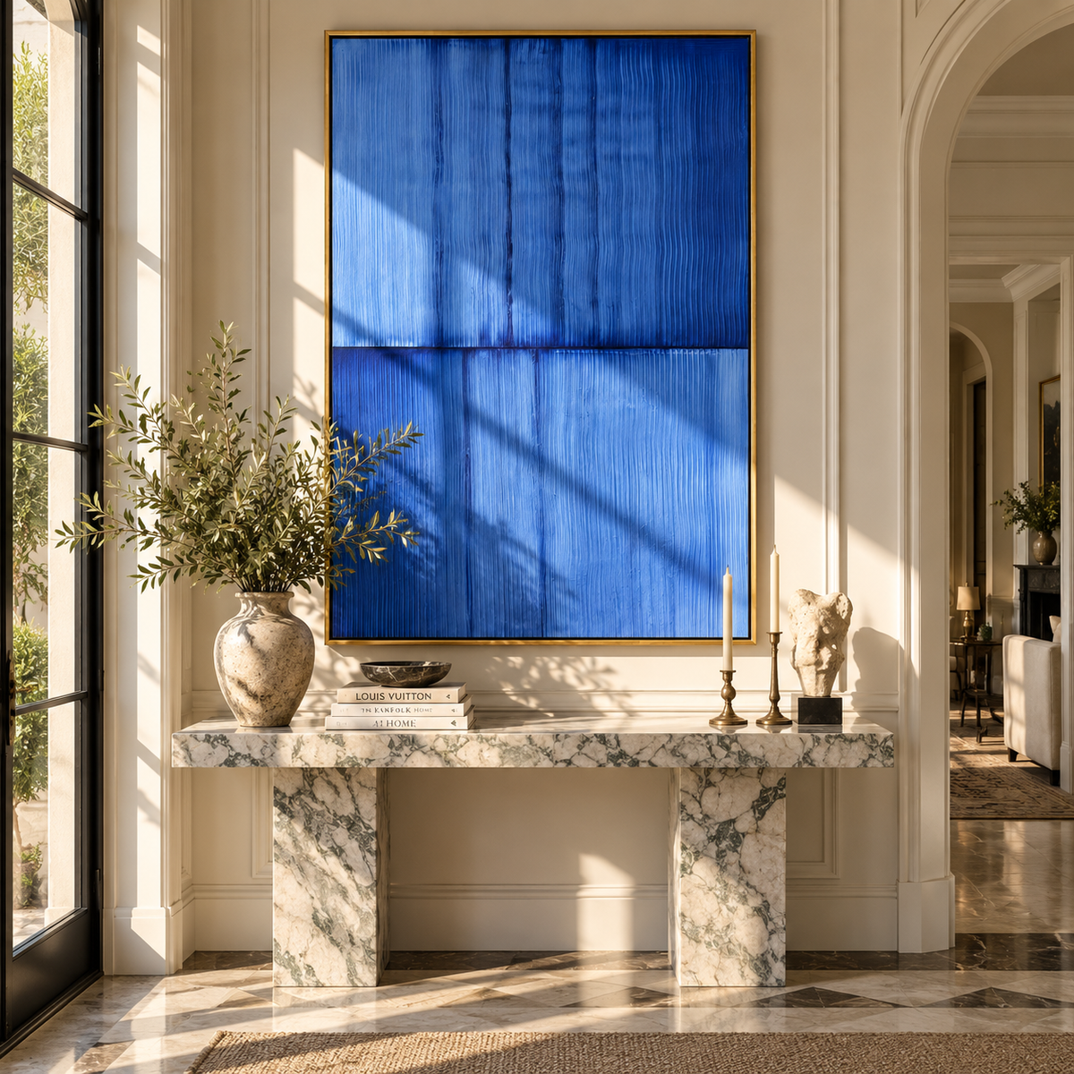 Cobalt Rooms at Dusk cobalt blue minimalist abstract painting displayed in a styled interior