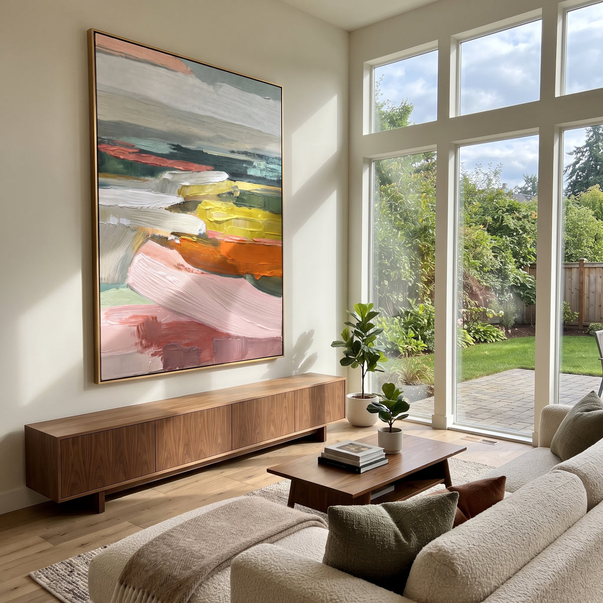 Pastel Fields Recede pastel abstract landscape painting displayed in a styled interior