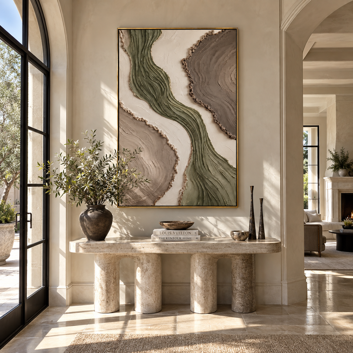Sage River Between Stones sage taupe flowing relief painting displayed in a styled interior