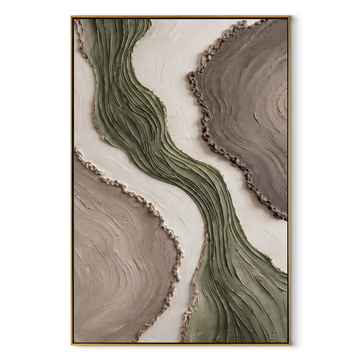 Sage River Between Stones vertical canvas artwork in a wood frame on a white background