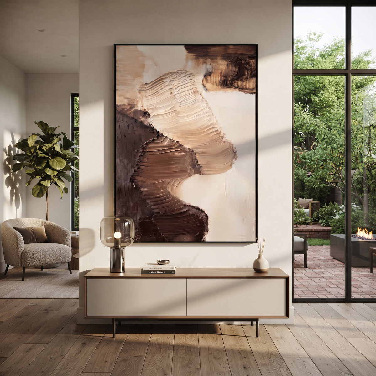 Earthen Gestures Meet textured wall art shown in a contemporary room setting