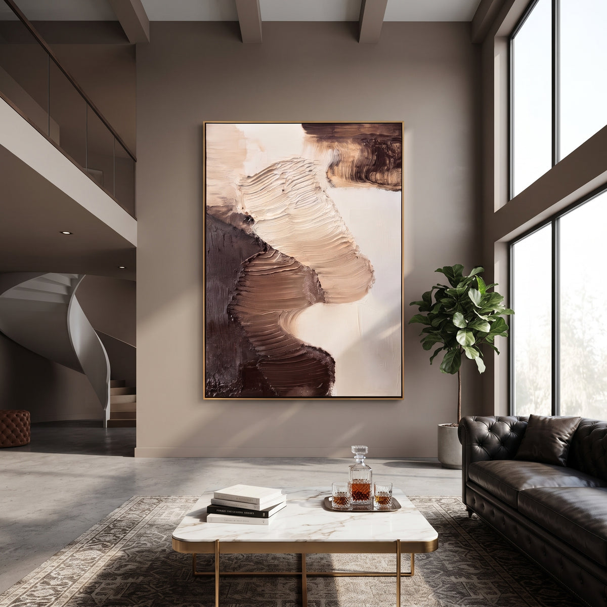 Earthen Gestures Meet vertical painting displayed as a room focal point