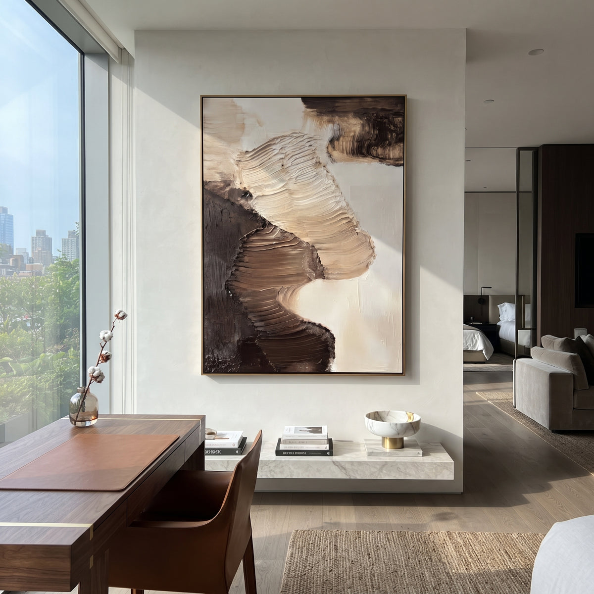 Earthen Gestures Meet artwork shown with modern interior materials
