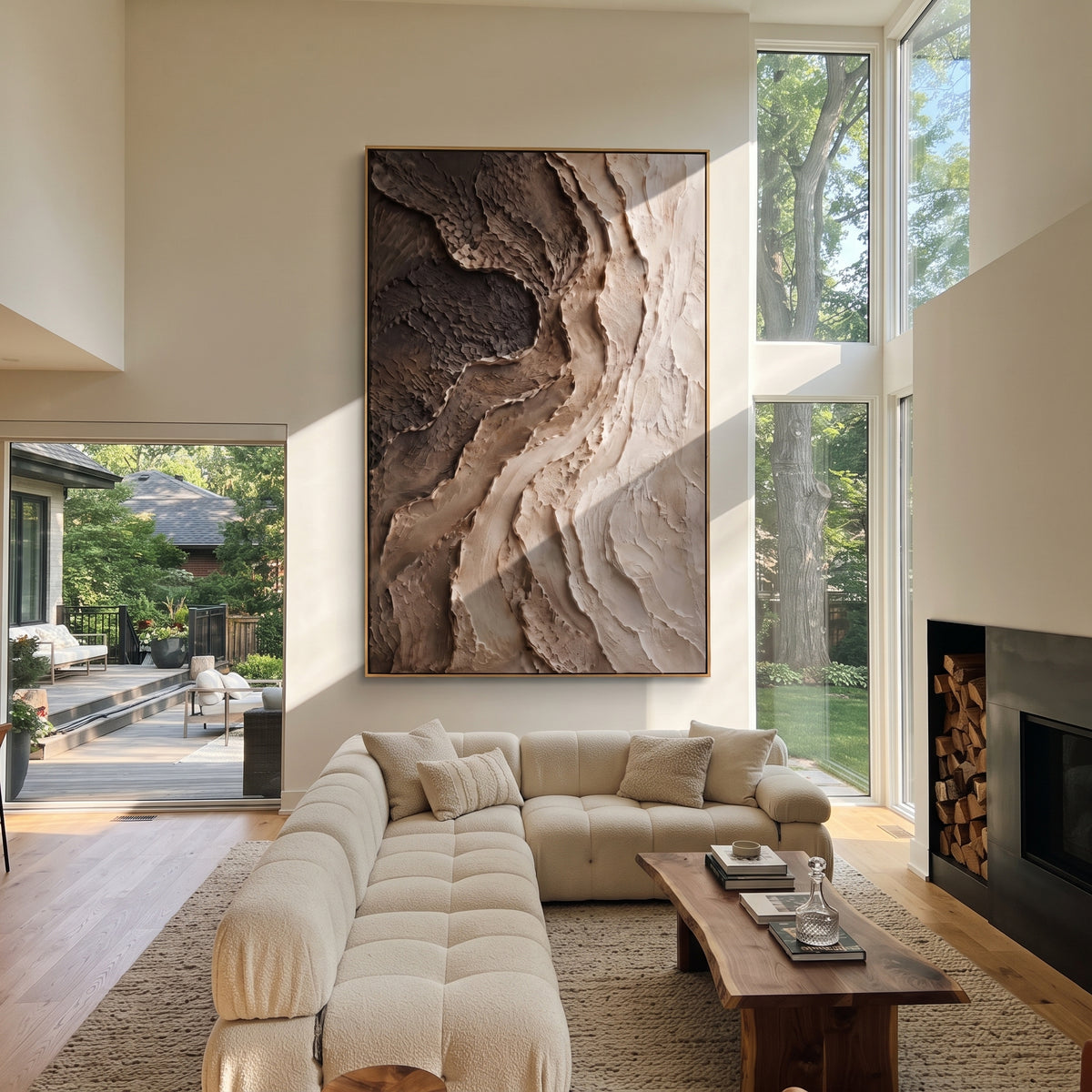 Ravine in Umber White vertical painting displayed as a room focal point