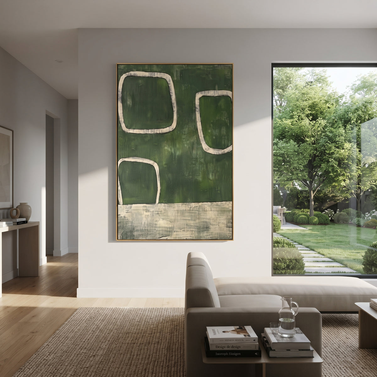 Green Windows Rest textured wall art shown in a contemporary room setting