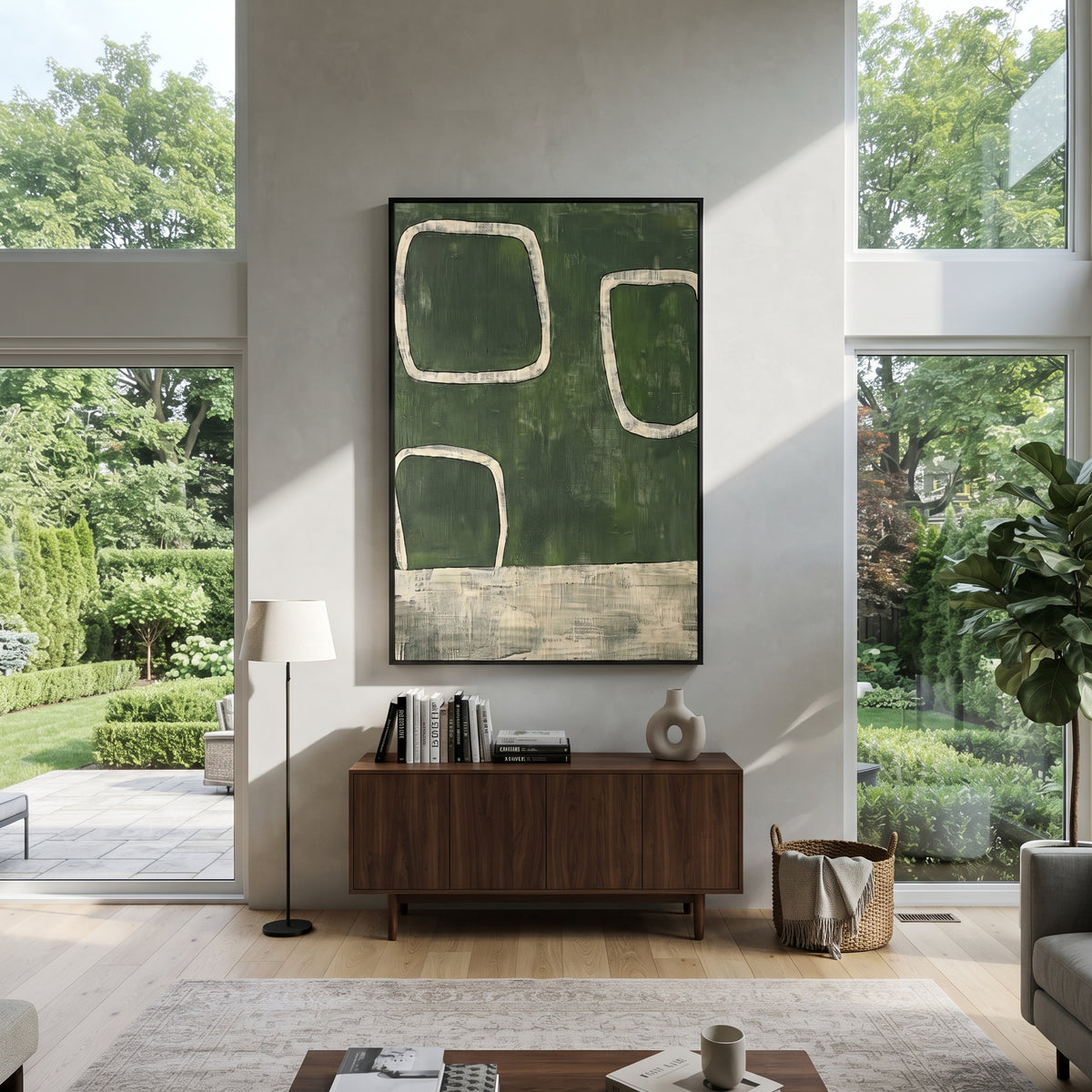 Green Windows Rest vertical painting displayed as a room focal point