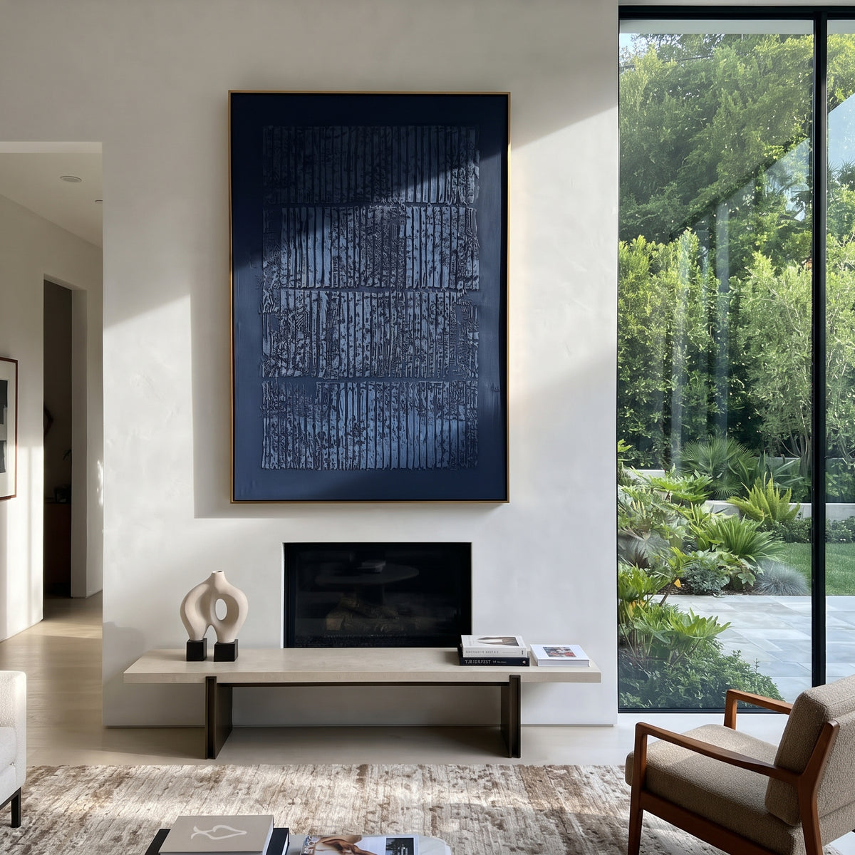 Midnight Grid Resonance navy blue grid texture painting displayed in a styled interior