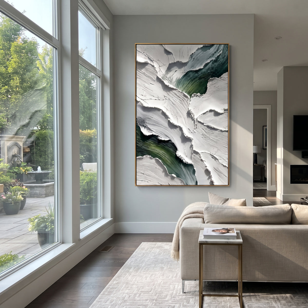 White Peaks Split Green textured wall art shown in a contemporary room setting