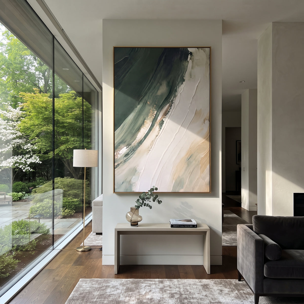 Green Current Turns vertical painting displayed as a room focal point