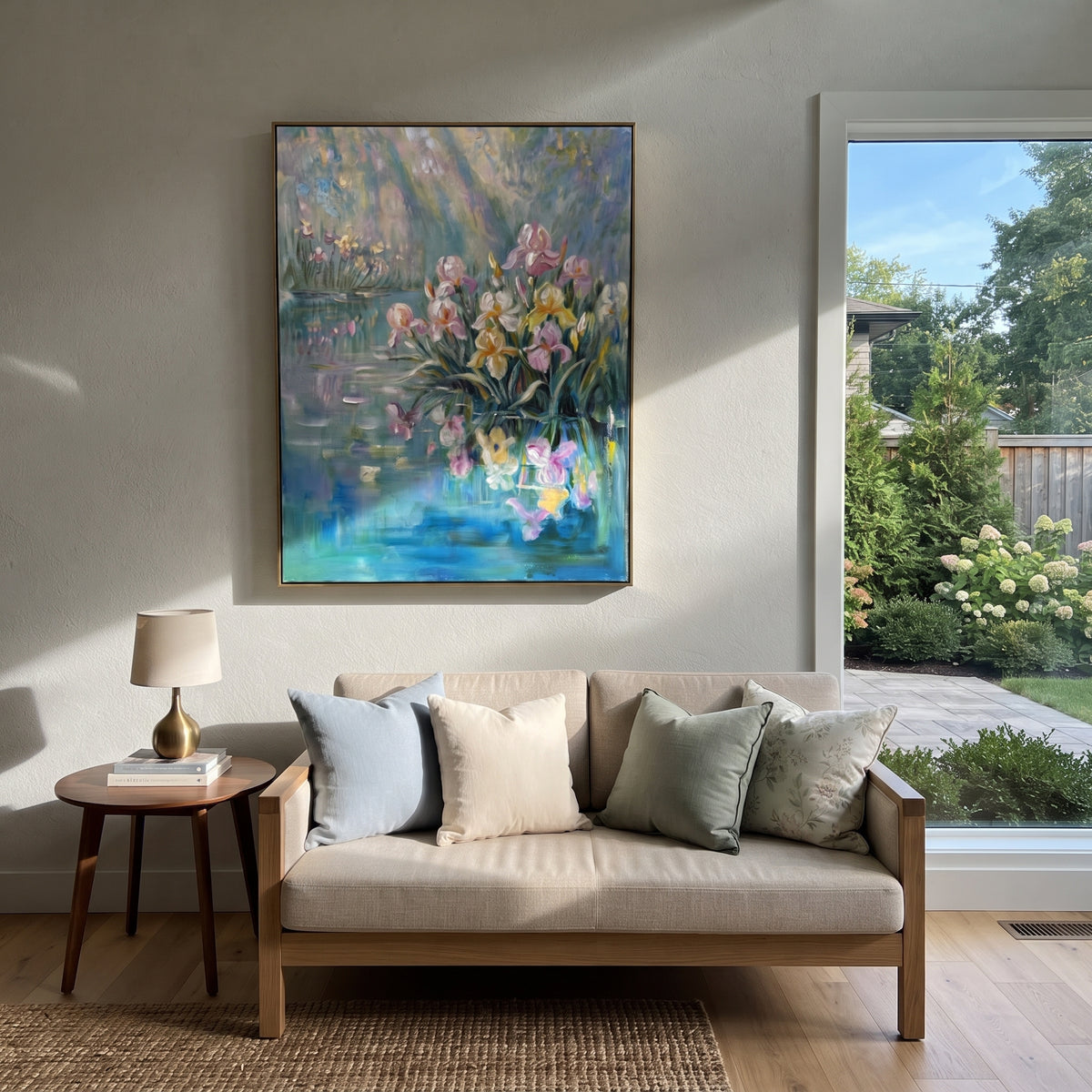 Irises Over Still Water presented in an alternate styled interior