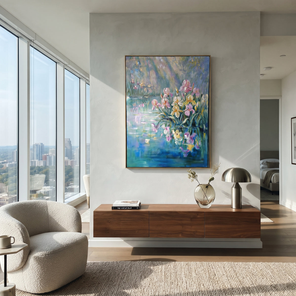 Irises Over Still Water artwork shown with modern interior materials