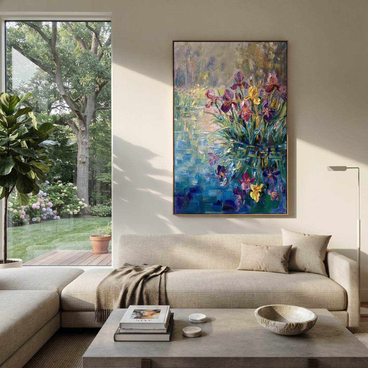 Violet Garden in Motion textured wall art shown in a contemporary room setting