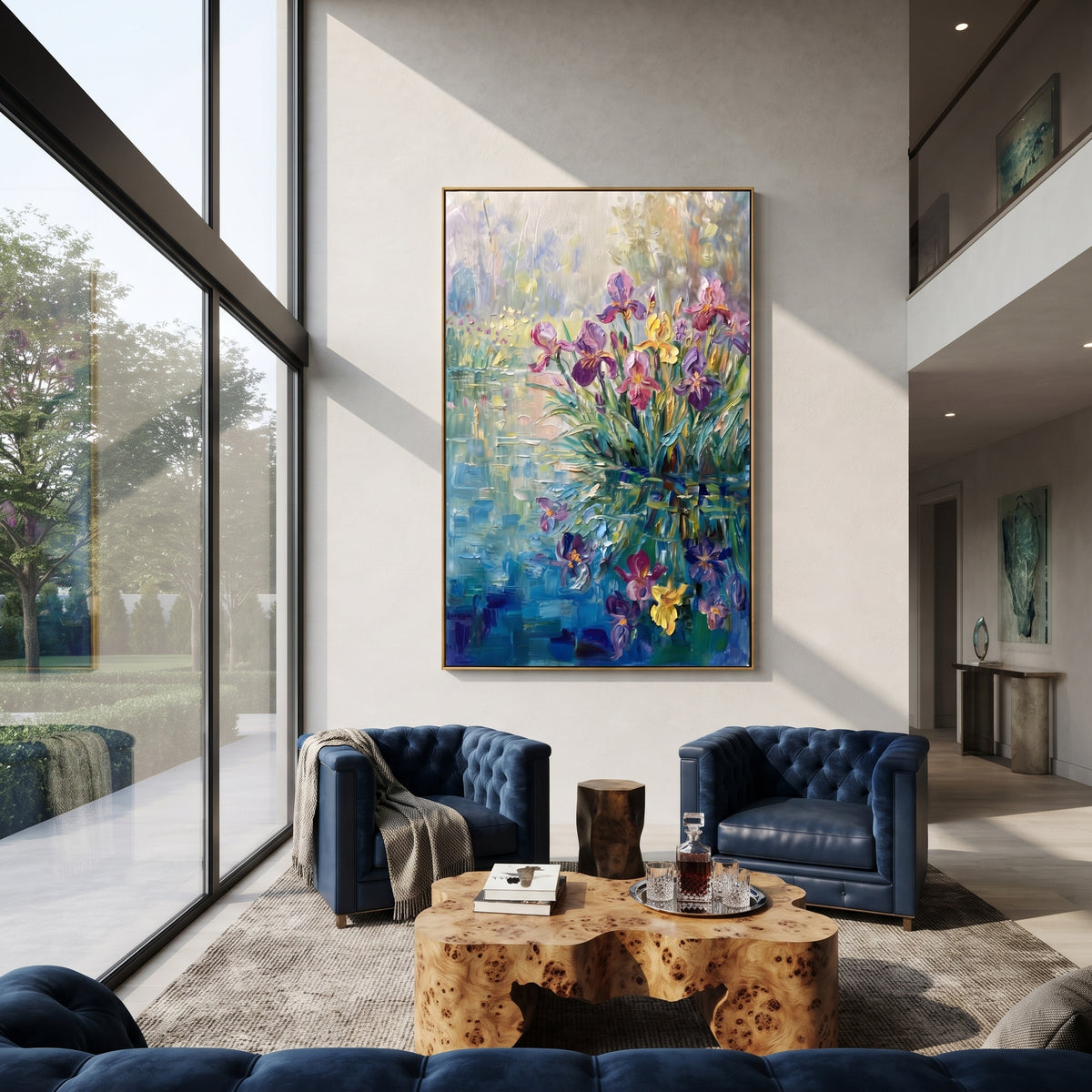 Violet Garden in Motion vertical painting displayed as a room focal point