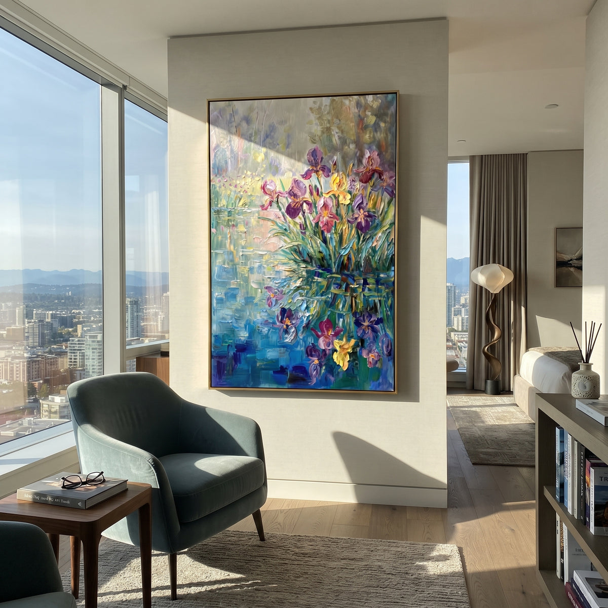 Violet Garden in Motion artwork shown with modern interior materials