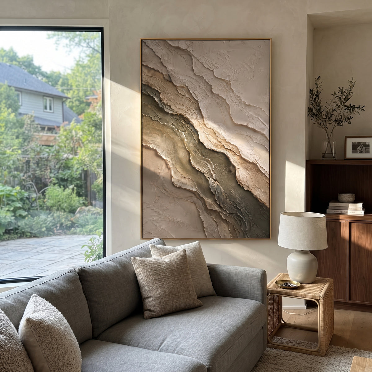 Stone Layers Settle taupe ivory layered relief painting displayed in a styled interior
