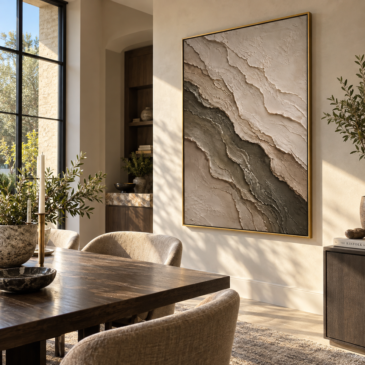 Stone Layers Settle vertical painting displayed as a room focal point
