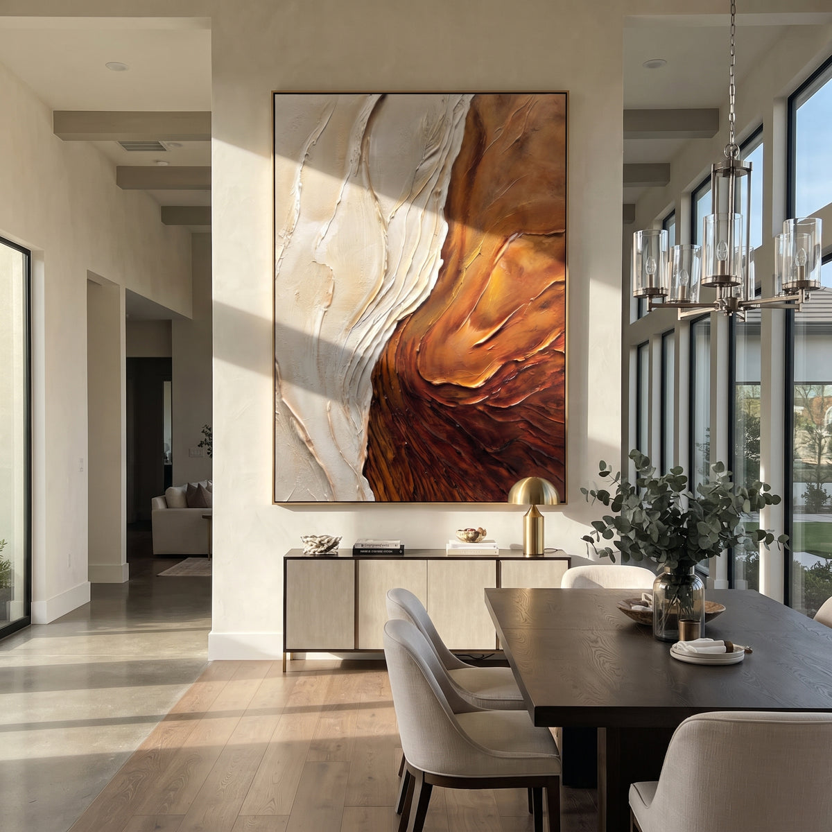 Copper Current Rising copper white flowing relief painting displayed in a styled interior