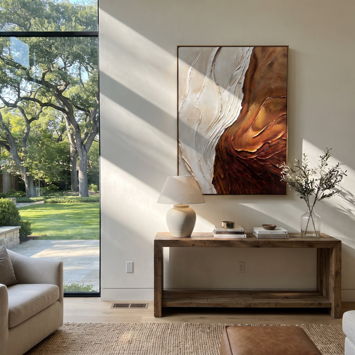 Copper Current Rising vertical painting displayed as a room focal point