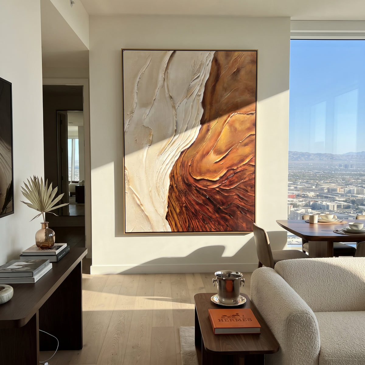 Copper Current Rising artwork shown with modern interior materials