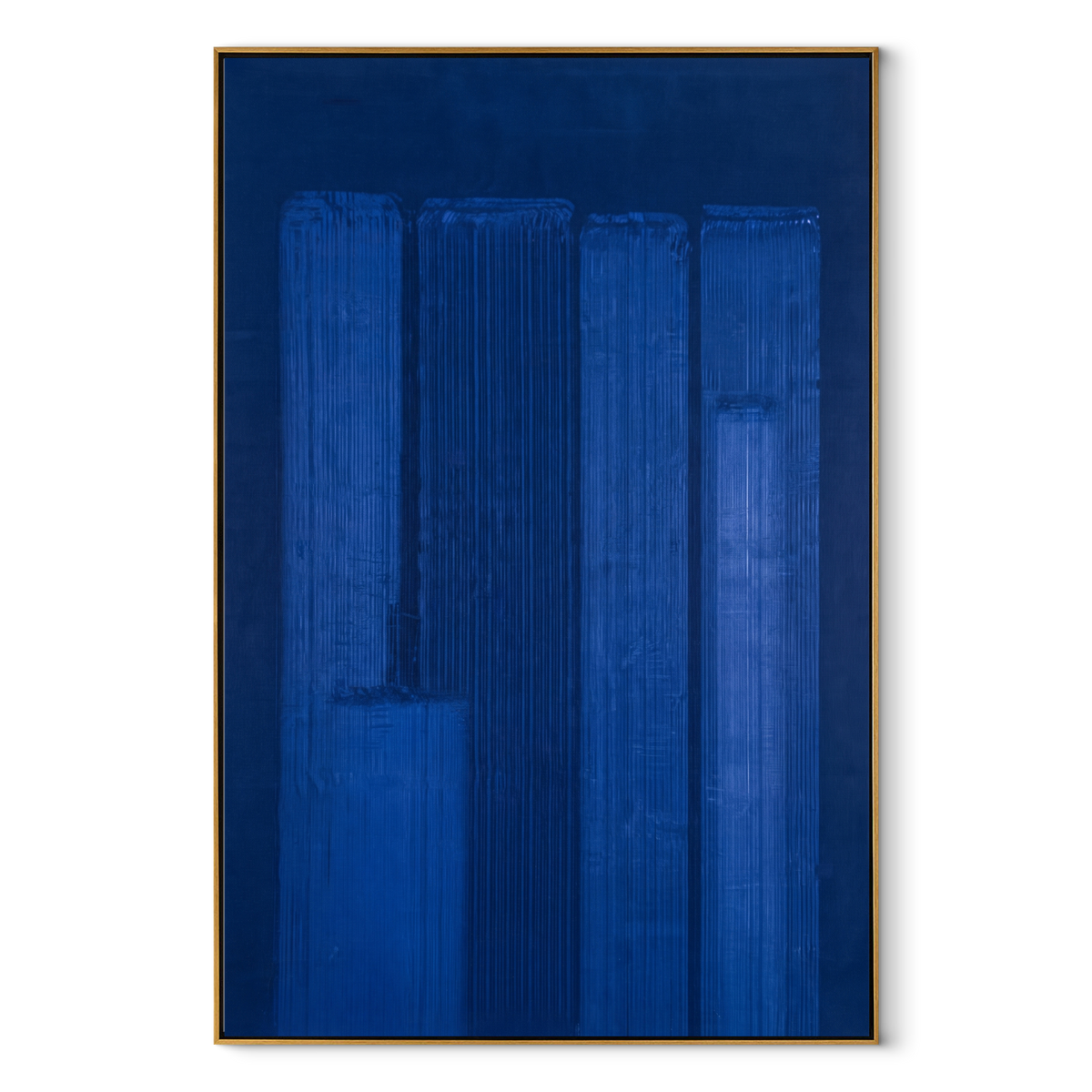 Blue Chambers Glow vertical canvas artwork in a wood frame on a white background