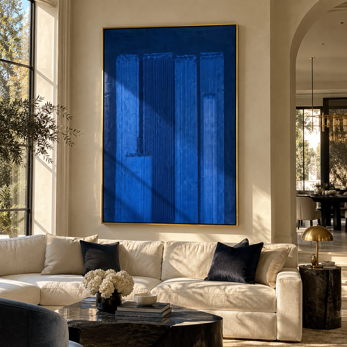 Blue Chambers Glow vertical painting displayed as a room focal point