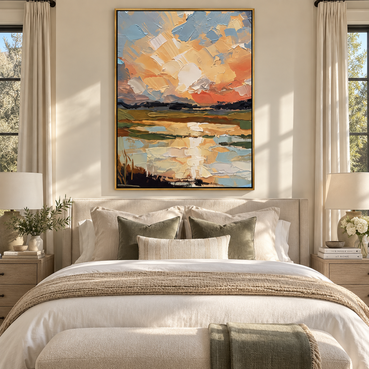 Sunset Finds the Water sunset river landscape painting displayed in a styled interior