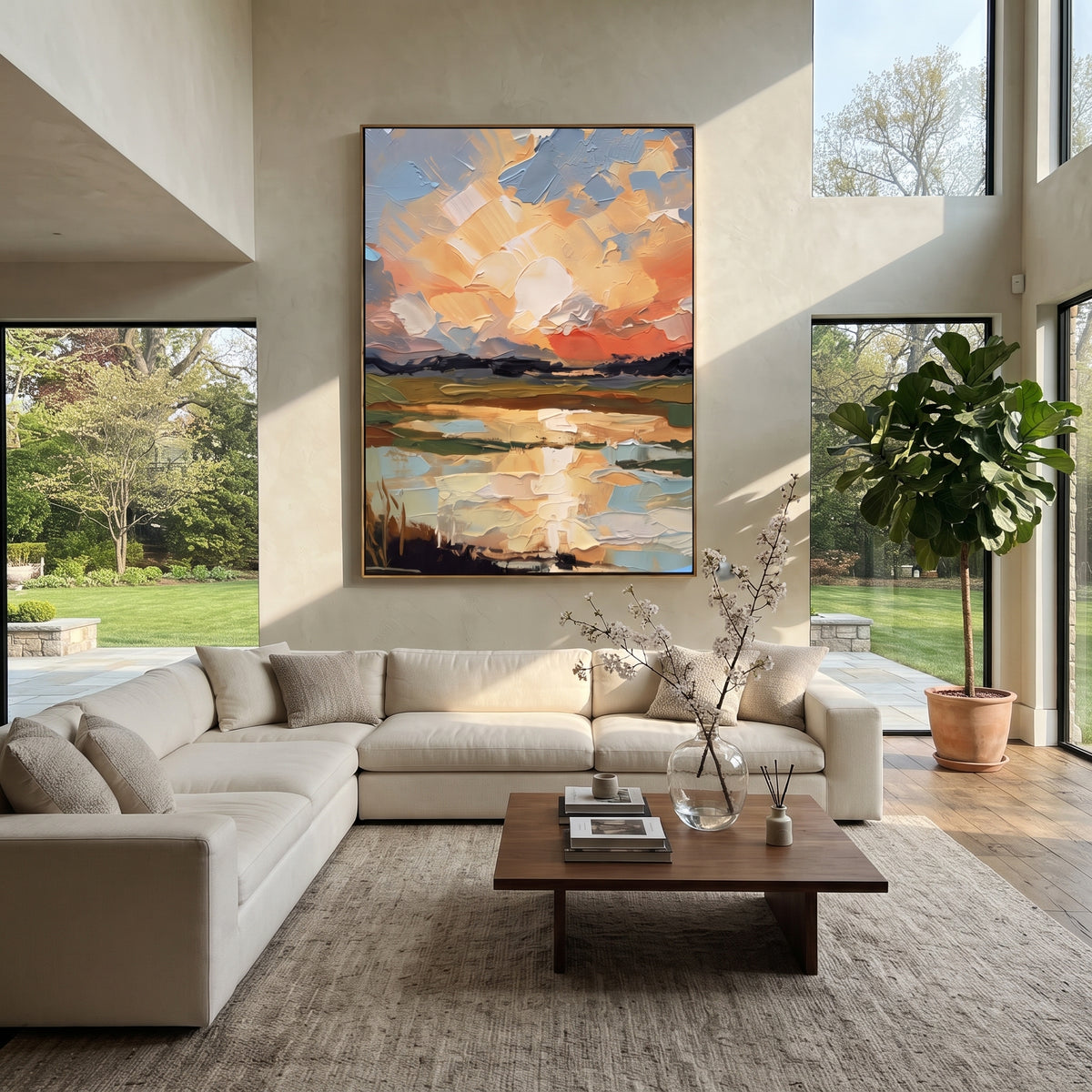 Sunset Finds the Water textured wall art shown in a contemporary room setting