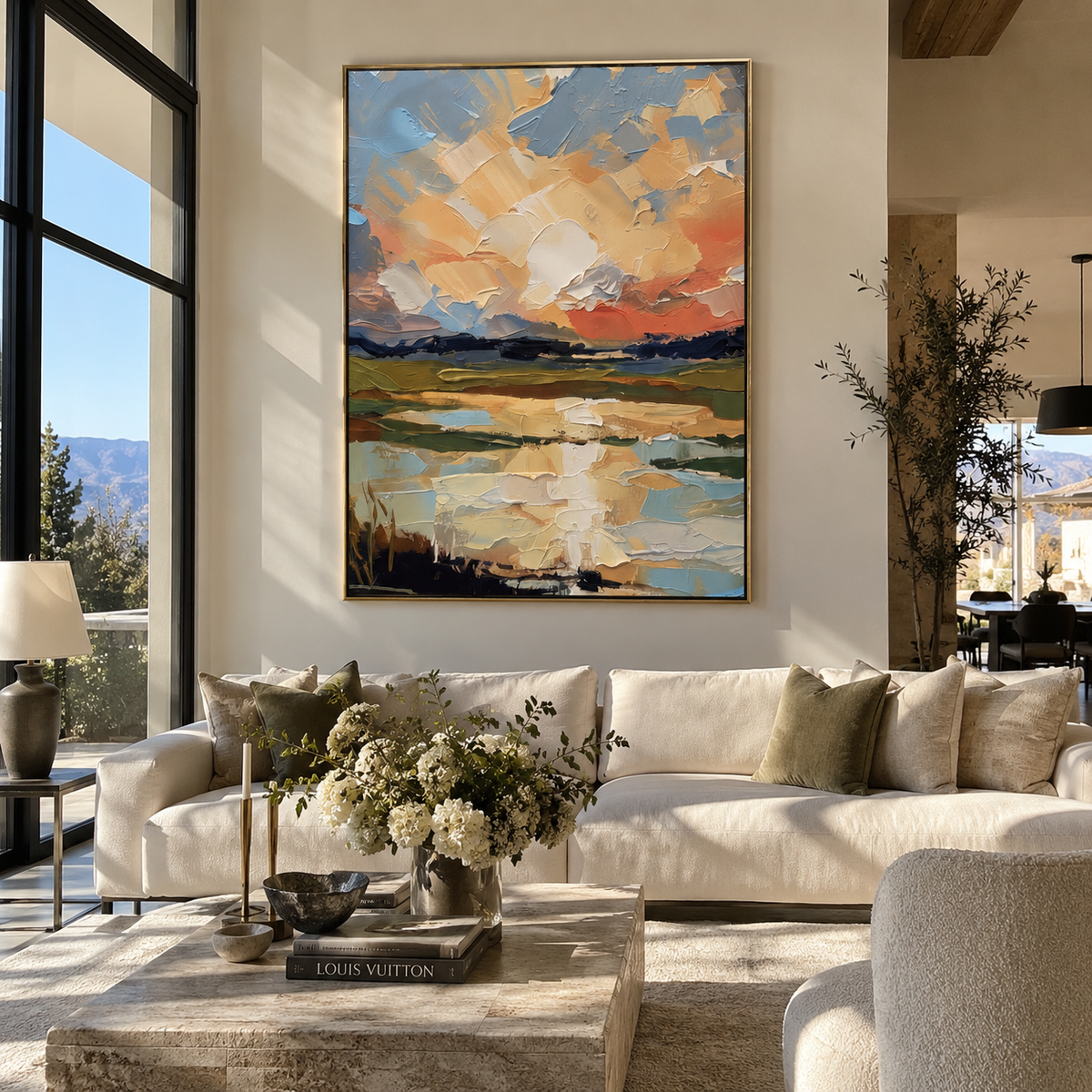 Sunset Finds the Water artwork shown with modern interior materials
