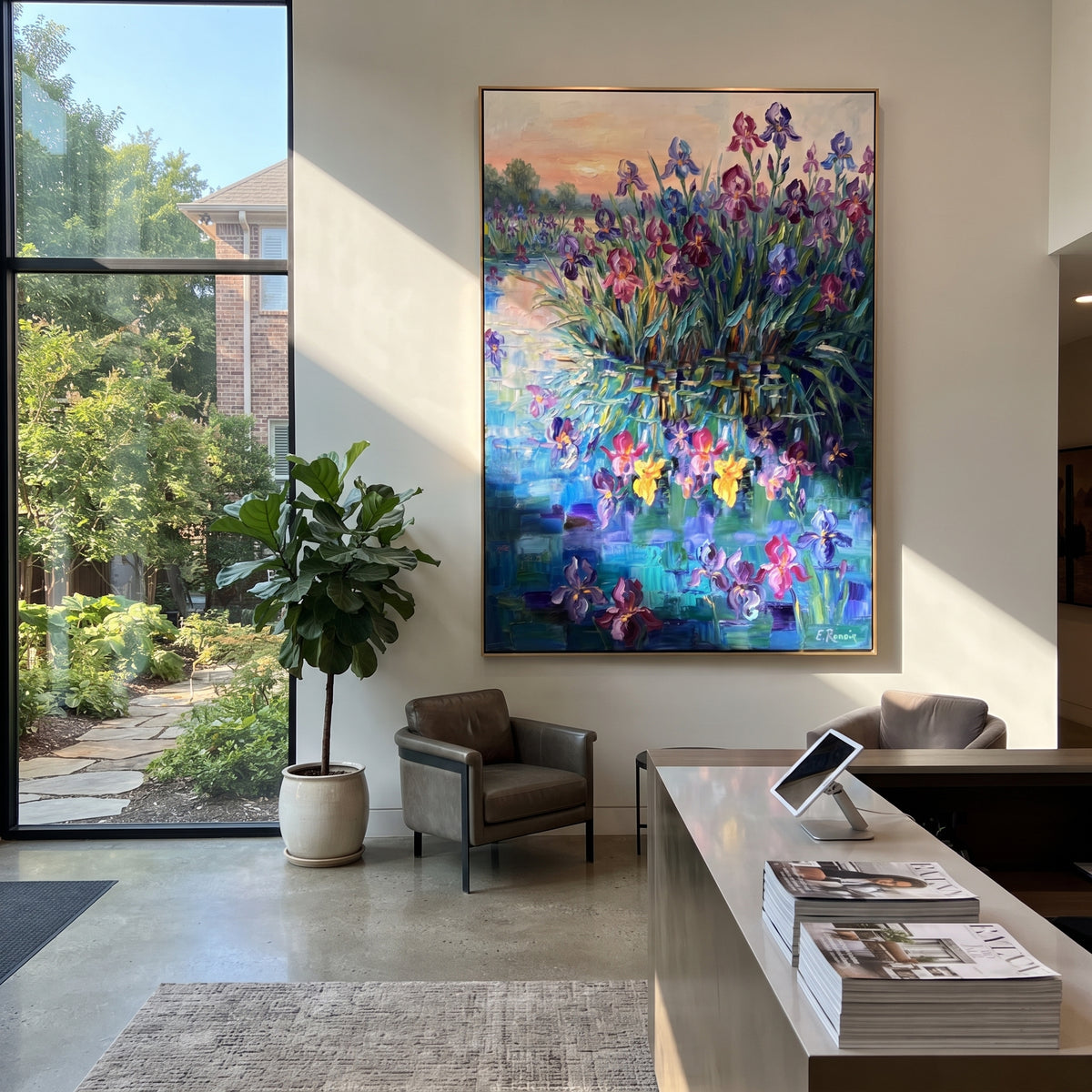Violet Shore in Bloom purple iris pond painting displayed in a styled interior