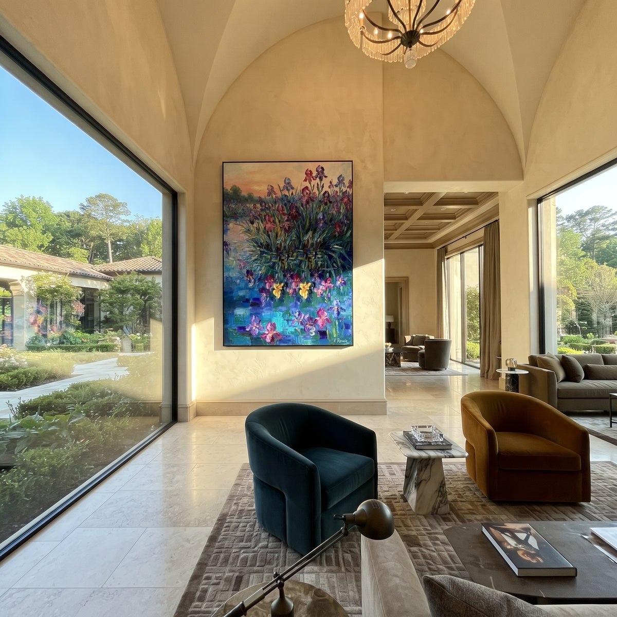 Violet Shore in Bloom textured wall art shown in a contemporary room setting