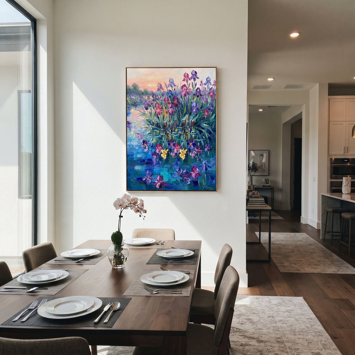 Violet Shore in Bloom vertical painting displayed as a room focal point