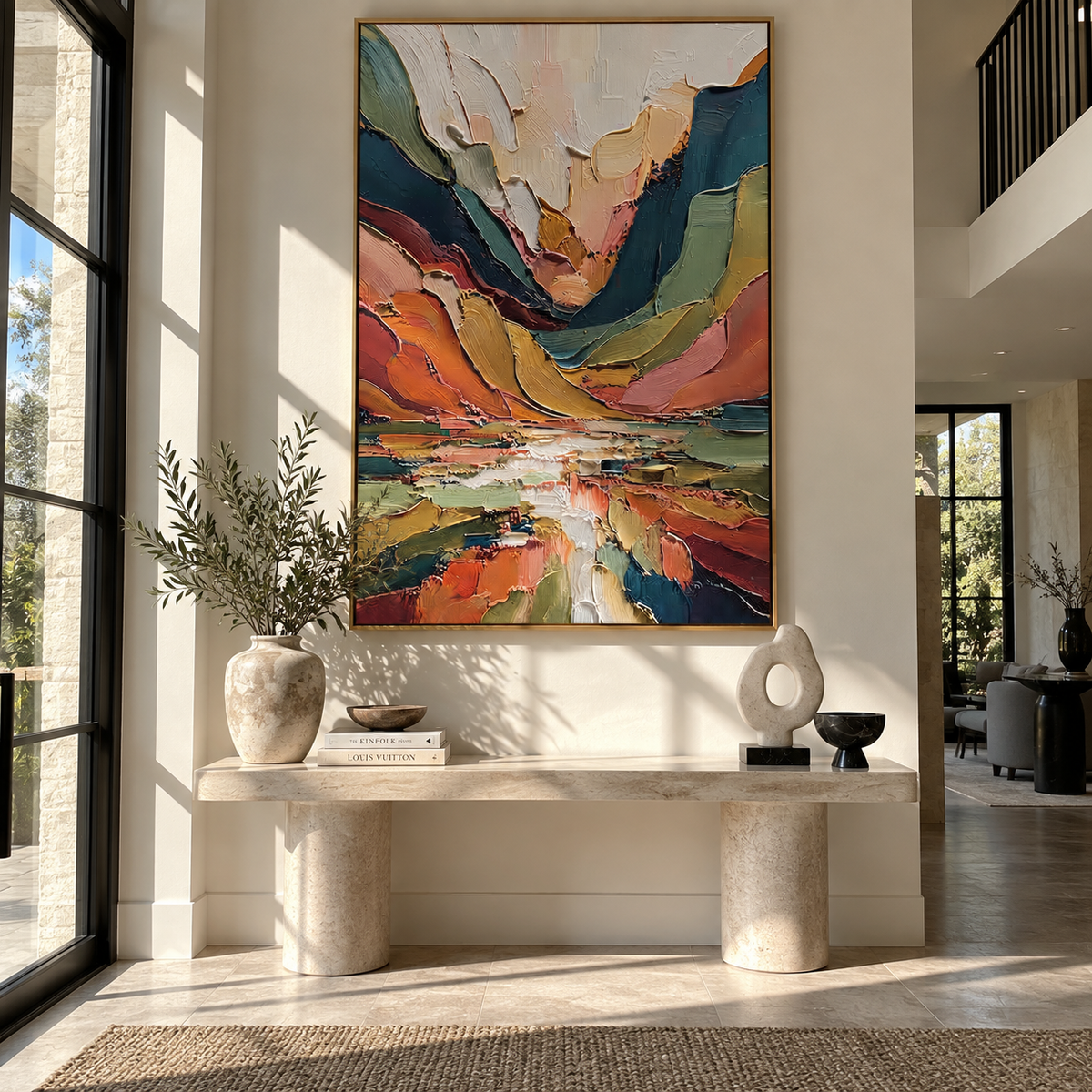 Canyon Colors Converge colorful canyon abstract painting displayed in a styled interior