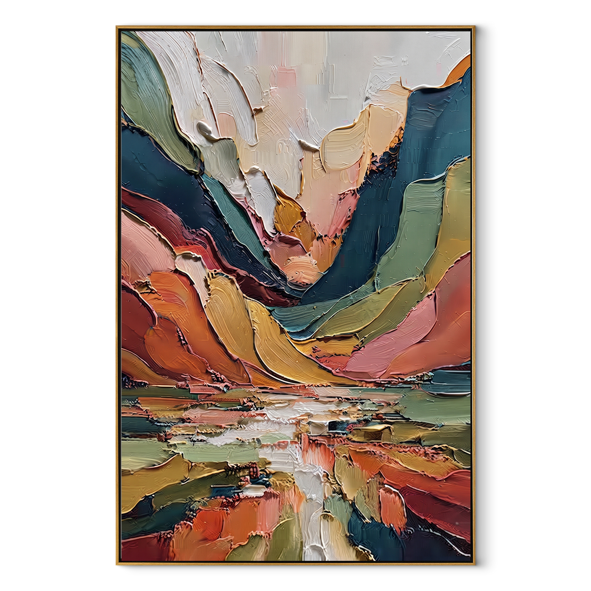 Canyon Colors Converge vertical canvas artwork in a wood frame on a white background