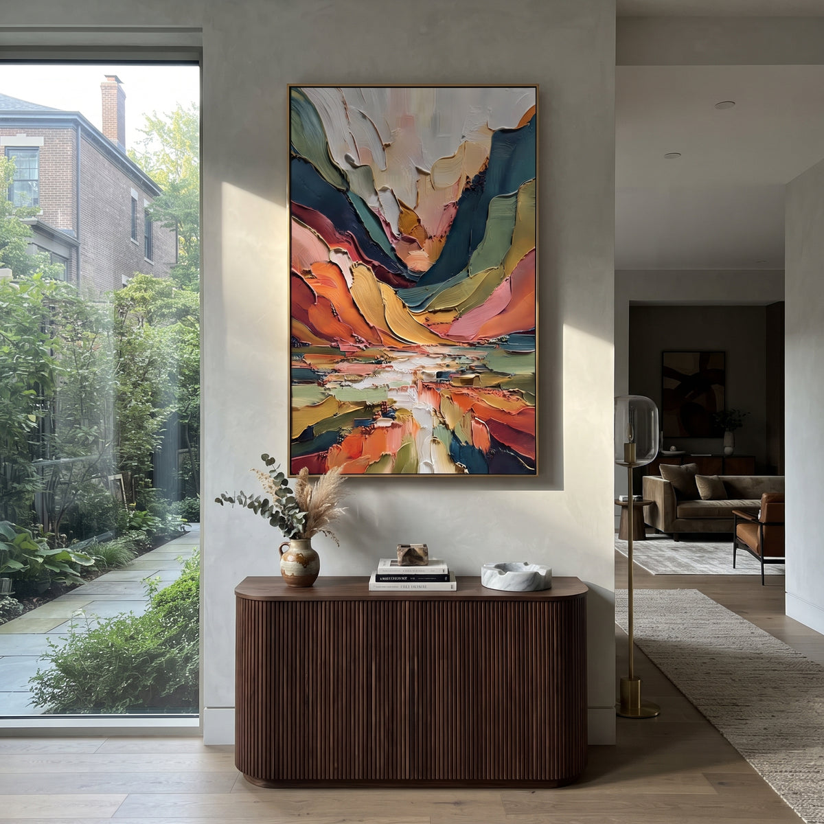 Canyon Colors Converge textured wall art shown in a contemporary room setting